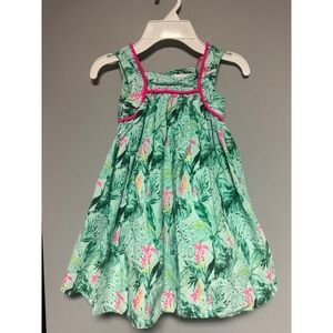 Tommy Bahama Kids Girls Tropical Leaf Print Dress Pink Pom Trim‎ Size 5T Summer